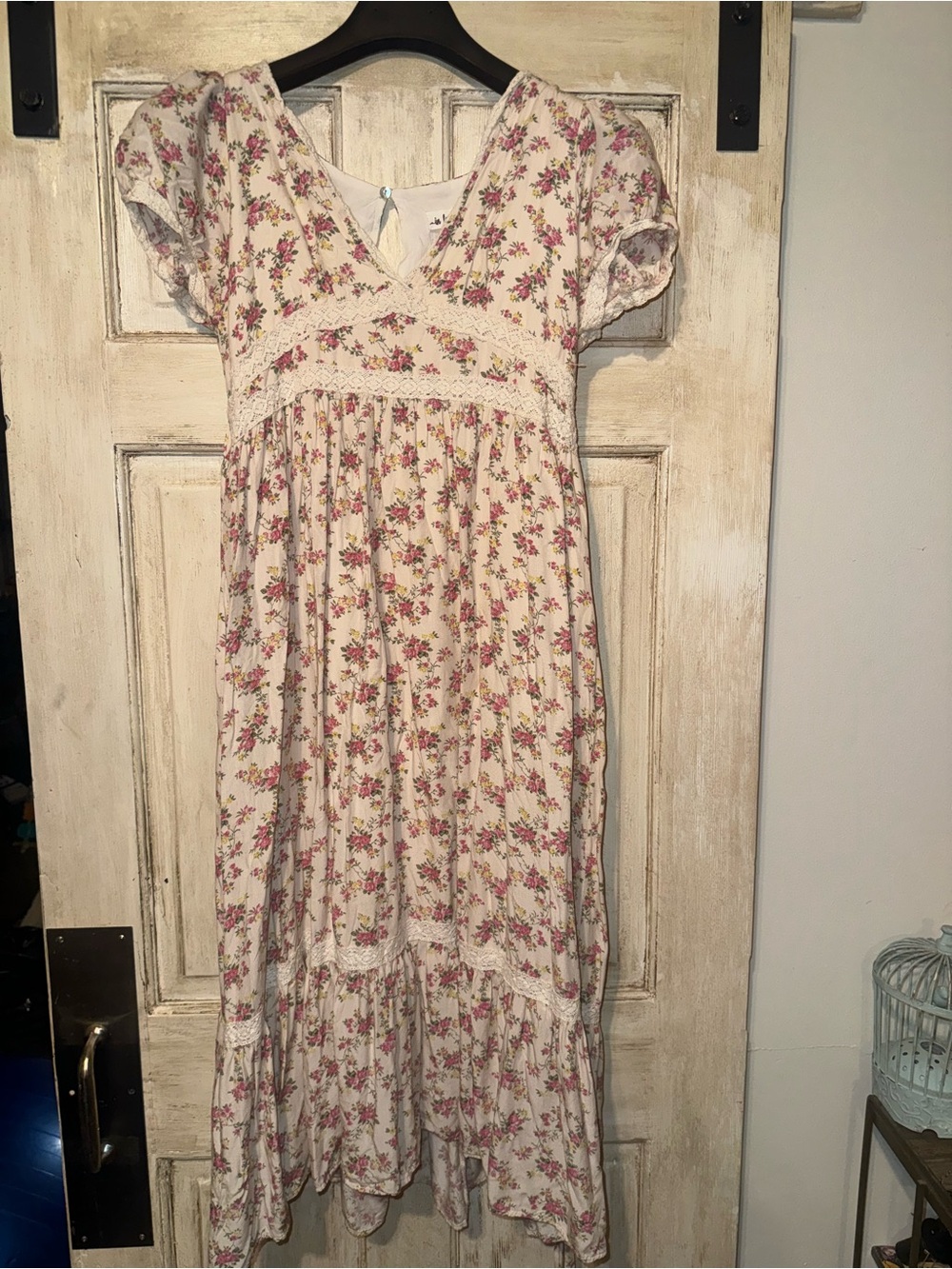 In Loom Floral Maxi Dress Size L Cream Pink Lace Cottagecore Boho